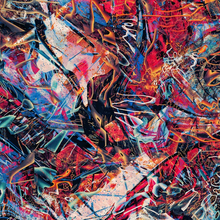 Dynamic abstract artwork featuring vivid colors, textures, and patterns.